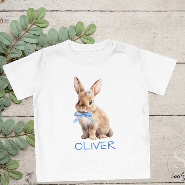 Personalized Shirt Name Bunny Kids Cute Easter Gift for Toddler Boy or Girl Rabbit Motif white eco-cotton [DE]