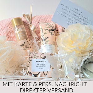 Entspannung Geschenk Auszeit Box Blumige Spa Geschenkbox personalisiert Kleines Geschenk Freundin Einfach So Last Minute Geschenk Magnolie