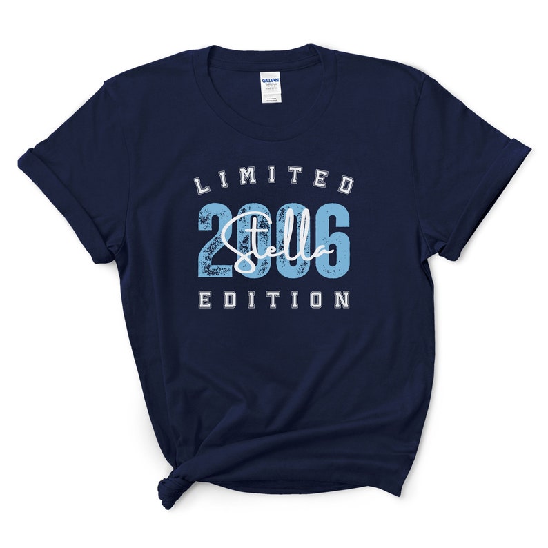 unisex  Tshirt with custom Name and year navy with blue print in college style saying Limited Edition gift for Birthday