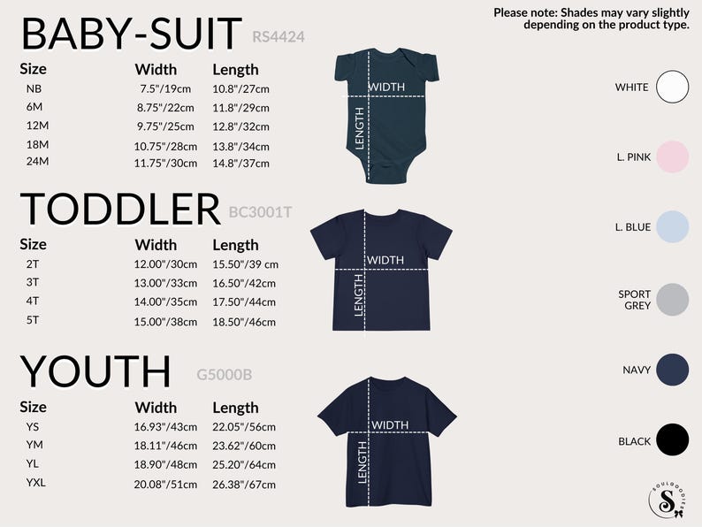 K&ouml;nnte beinhalten: Gr&ouml;&szlig;entabelle f&uuml;r Baby-Bodys, T-Shirts f&uuml;r Kleinkinder und T-Shirts f&uuml;r Jugendliche. Ma&szlig;e in Zoll und Zentimetern. Farben sind Wei&szlig;, Hellrosa, Hellblau, Sportgrau, Marine und Schwarz.