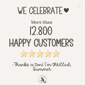 May include: A beige graphic with the text "WE CELEBRATE" and a heart symbol. Below, it reads "More than 12,800 HAPPY CUSTOMERS" with five gold stars. The text "-Thanks a ton! I'm thrilled, Summer" is at the bottom.