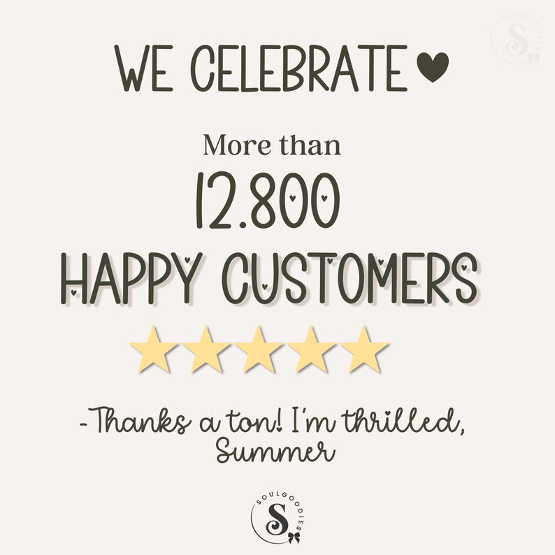 May include: A beige graphic with the text "WE CELEBRATE" and a heart symbol. Below, it reads "More than 12,800 HAPPY CUSTOMERS" with five gold stars. The text "-Thanks a ton! I'm thrilled, Summer" is at the bottom.