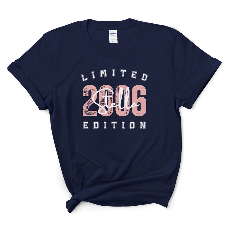 Tshirt with custom Name and year, navy with pink print in college style saying Limited Edition gift for Birthday