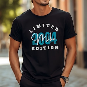 20 year old male model wearing navy colored custom name and birth year shirt for men