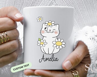 Cat Mug Custom Text Name Gift  Cute Coffeemug Kawaii Cat with Daisy Text Present for Cat Lover Cup