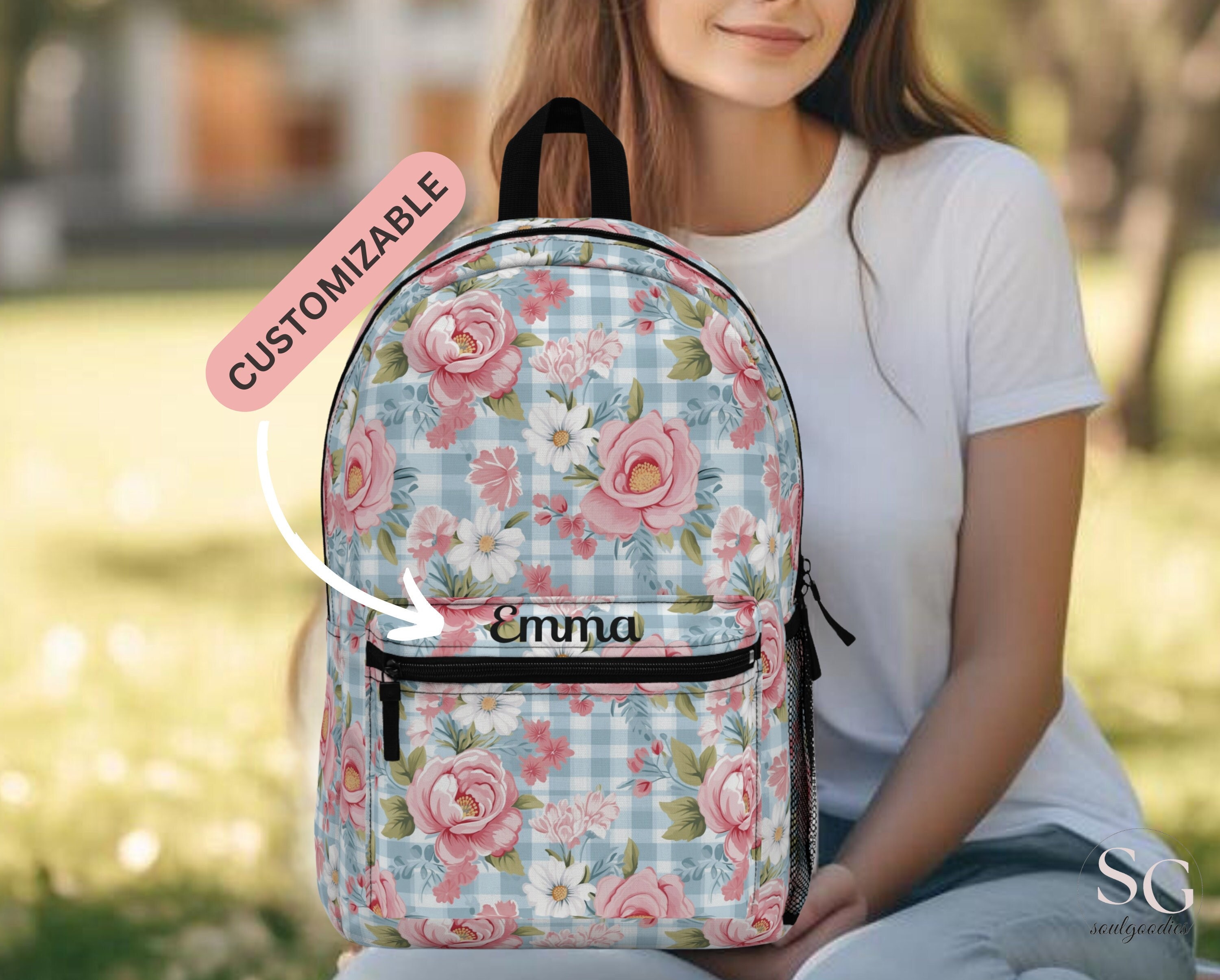 Cute Backpack Gingham Rose Customizable Name Bag Custom Girl Gift Personalized Back to School Gift High School Student Preppy Girl Schoolbag