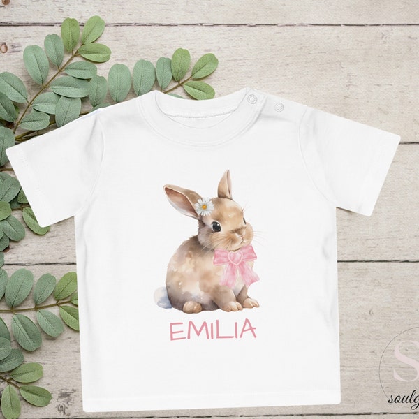 Personalized Shirt Name Bunny Kids Cute Easter Gift for Toddler Boy or Girl Rabbit Motif white eco-cotton [DE]