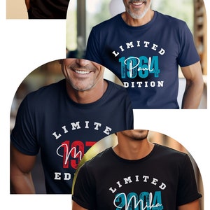 Puede incluir: Camisetas negras, azul marino y azul oscuro con el texto "EDICI&Oacute;N LIMITADA" y un nombre y a&ntilde;o personalizados. Las camisetas tienen un dise&ntilde;o de estilo vintage, con texto en blanco, rojo y turquesa.