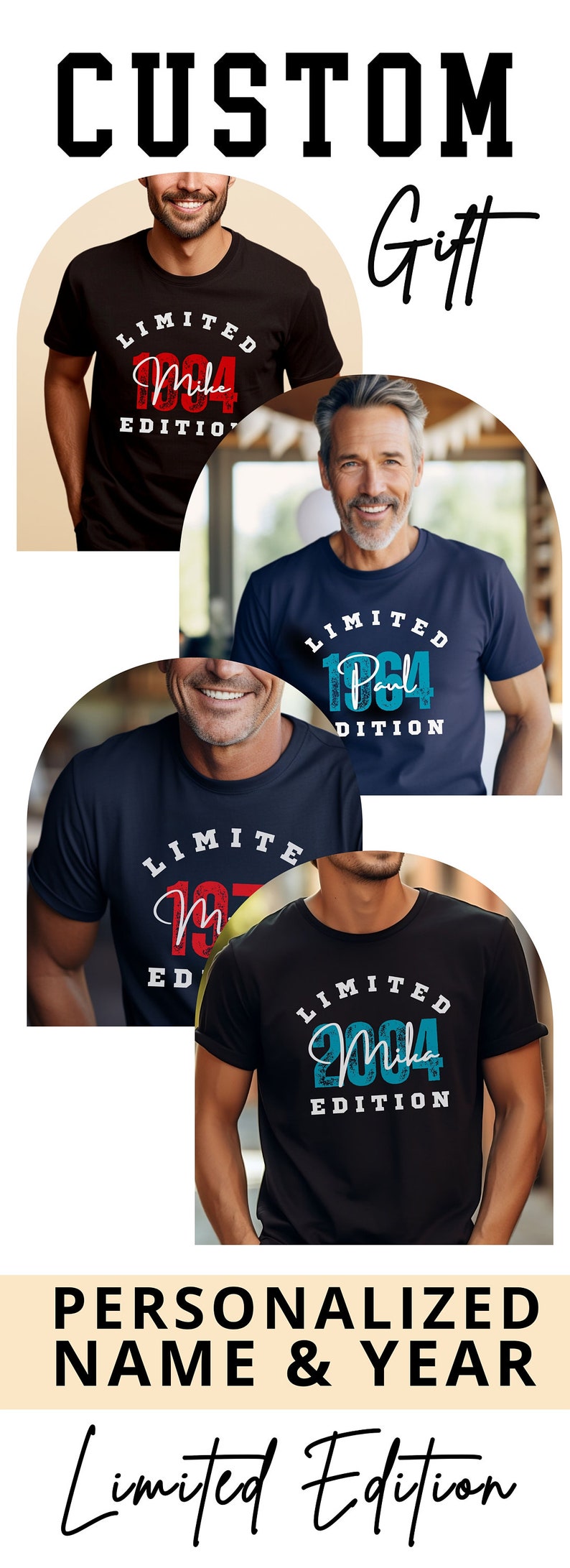 Puede incluir: Camisetas negras, azul marino y azul oscuro con el texto "EDICI&Oacute;N LIMITADA" y un nombre y a&ntilde;o personalizados. Las camisetas tienen un dise&ntilde;o de estilo vintage, con texto en blanco, rojo y turquesa.