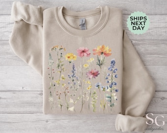 Pressed Flowers Sweater Floral Crewneck Sweatshirt Pastel Pullover for Women Cozy Oversize Jumper Flower Shirt Unisex Tee 3XL