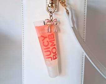 Lipgloss Anhänger Keyring Bow Charm mit Schleife Kleinigkeit Geschenk Teenager personalisierbar Small Beauty Gift Lip Care