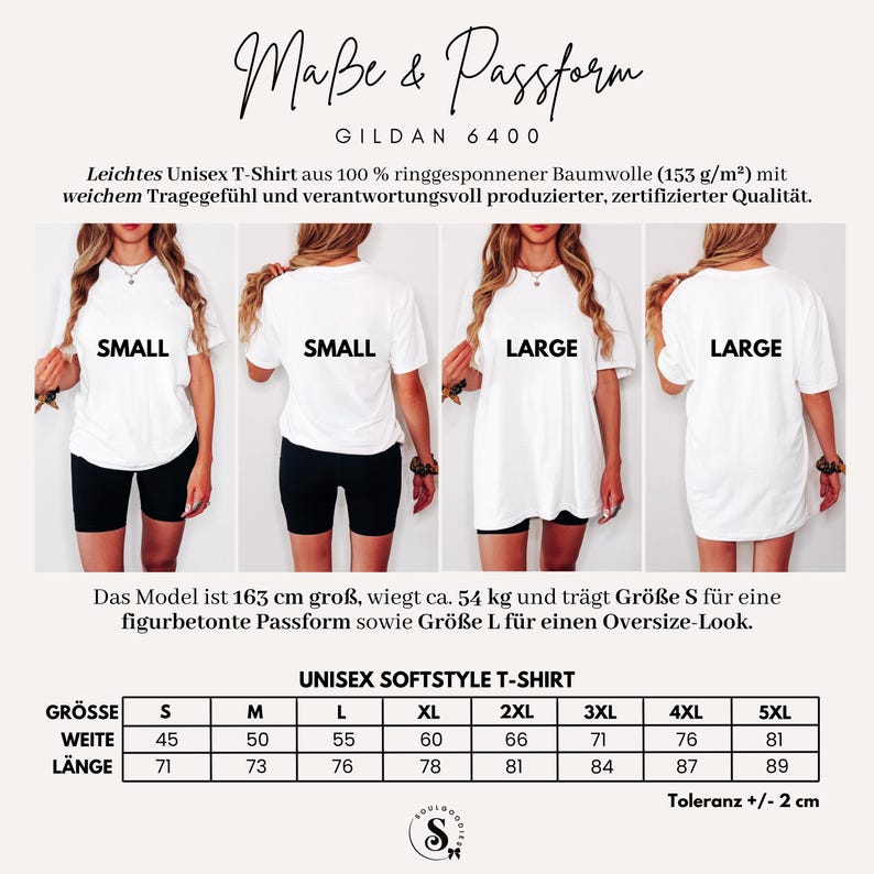 以下が含まれることがあります： 「SMALL」と「LARGE」の文字が入った白いユニセックスTシャツがモデルに表示されています。画像には、Sサイズから5XLサイズまでのTシャツの寸法をセンチメートルで示したサイズ表が含まれています。「Ma&szlig;e & Passform」の文字が上部にあります。