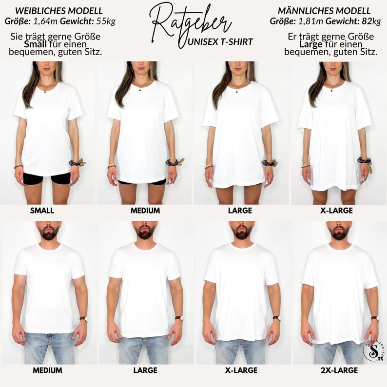 Puede incluir: Una camiseta unisex blanca se muestra en varias tallas, desde la peque&ntilde;a hasta la 2XL, en modelos masculinos y femeninos. La imagen incluye texto en alem&aacute;n con las medidas de los modelos y el texto "UNISEX T-SHIRT".
