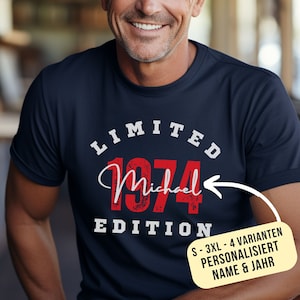 50 year old male model wearing navy colored custom name and birth year shirt for men1974 shirt