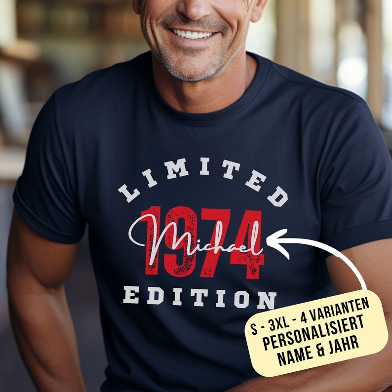 50 year old male model wearing navy colored custom name and birth year shirt for men1974 shirt