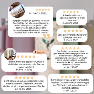 May include: Five customer reviews for a ceramic mug with a floral design. The reviews are positive and highlight the quality of the mug, the fast shipping, and the seller's customer service.