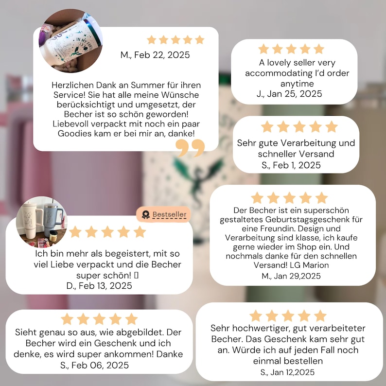 May include: Five customer reviews for a ceramic mug with a floral design. The reviews are positive and highlight the quality of the mug, the fast shipping, and the seller's customer service.