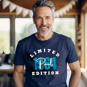 60 year old male model wearing navy colored custom name and birth year shirt for men 1964