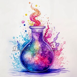 May include: A watercolour painting of a glass bottle containing a rainbow coloured liquid. The bottle is surrounded by colourful watercolour splatters and a rainbow coloured smoke rising from the top.