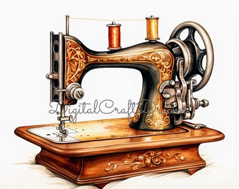 Retro Maszyna Do Szycia Clipart, 10 Wysokiej Jakości JPG, Pakiet Vintage Clipart, Pobieranie Cyfrowe, Junk Journaling, Scrapbook, Clipart Akwarelowy