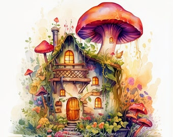 Watercolor Fairy House Clipart, Whimsical Garden Art (Digital Download)