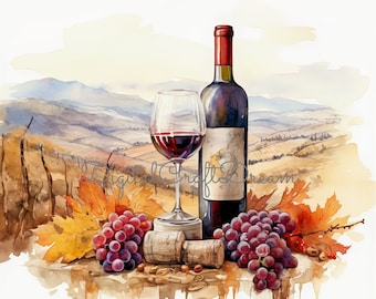 Peut inclure: Une peinture à l'aquarelle d'une bouteille de vin, un verre de vin rouge et des raisins. La bouteille et le verre sont sur une table avec un bouchon en bois et un fond rustique.