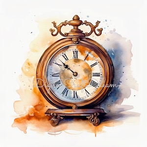 Peut inclure: Peinture à l'aquarelle d'une montre de poche vintage. Le cadran de l'horloge comporte des chiffres romains et des aiguilles noirs, sur fond crème. La montre est de couleur bronze avec des détails ornés et repose sur un support décoratif. Le fond présente des lavis d'aquarelle orange et bleu.