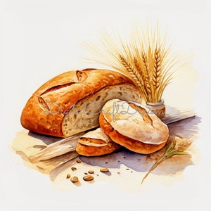 May include: A watercolor painting of a loaf of bread sliced into three pieces. The bread is light brown and has a rustic appearance. The bread is surrounded by wheat stalks and a few scattered seeds.