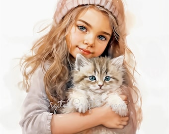 Girl and Kitten Watercolor Clipart Set – Nursery Art (Digital Download)