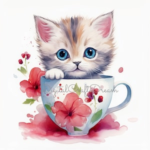 Watercolor Kitten Clipart - Cute Cats in Teacups with Flowers, High-Resolution Digital Download, Commercial License