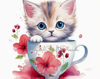 Watercolor Kitten Clipart – Cute Cat in Teacup (Digital Download)