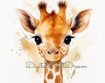 Clipart girafe aquarelle mignon, art mural chambre d'enfant (téléchargement numérique)
