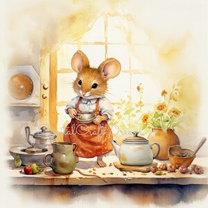 Souris dans la cuisine des cliparts, illustrations des cliparts enfants, téléchargement numérique, aquarelle mignon, anniversaire des cliparts animaux, art numérique de la conception