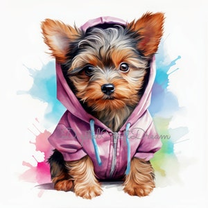 Aquarell Yorkie Girl Clipart - 12 niedliche Yorkshire Terrier mit Schleifen, hochauflösender digitaler Download, Kinderzimmer Kunst, kommerzielle Lizenz
