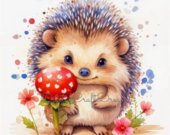 Watercolor Hedgehog Clipart Set – Forest Animals, Kids Decor (Digital Download)