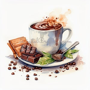 Hot Chocolate Clipart, 12 High Quality JPGs, Food Images, Digital Prints, Breakfast Clipart Bundle, Watercolor Clipart, Junk Journal