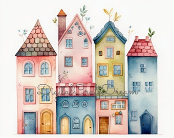 Watercolor Houses Clipart, Home Decor Art (Digital Download)