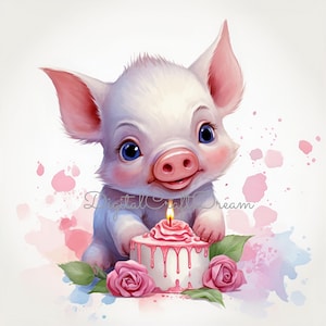 Watercolor Piglet Clipart - Cute Pigs with Flowers in Baskets and Cups, High-Resolution Digital Download, Commercial License