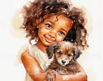 Conjunto de imágenes prediseñadas de niña con cachorro: 10 imágenes en acuarela de niña y perro en formato JPG. Descarga digital instantánea para invitaciones, impresiones y decoración infantil.
