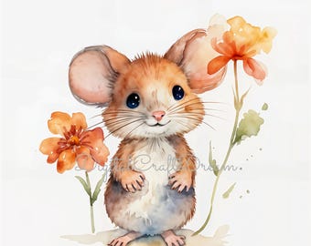 Watercolor Mouse Clipart Set – Cute Mice with Flowers (Digital Download)