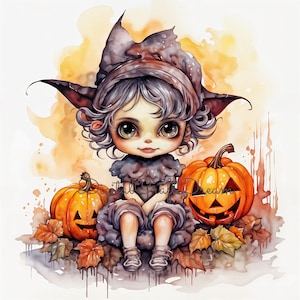 May include: A watercolor illustration of a young girl dressed as a bat with large, expressive eyes. She is sitting on a bed of autumn leaves with two jack-o'-lanterns. The girl is wearing a black dress with a bat wing collar and a brown hat with a bat wing design. The jack-o'-lanterns are carved with traditional faces and have orange and green colors.