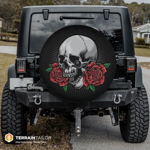 Skull & Roses Gothic Decor Spare Tire Cover fits Jeeps, Broncos, SUVs, Campers, RVs | Free US Shipping | Includes Backup Camera Cutout