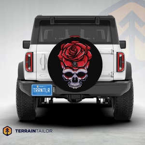 Skull & Rose Fusion Tire Cover fits Jeeps, Broncos, SUVs, Campers, RVs | Free US Shipping | Includes Backup Camera Cutout