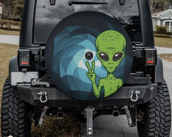 Extraterrestrial Peace Spare Tire Cover fits Jeeps, Broncos, SUVs, Campers, RVs | Free US Shipping | Includes Backup Camera Cutout