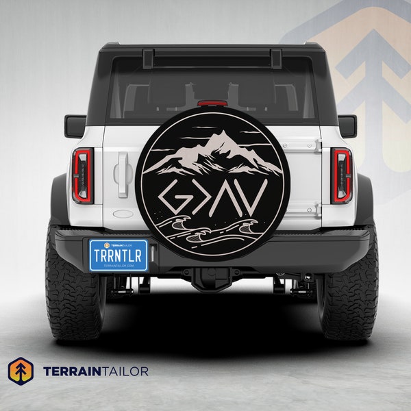 Mountain & Ocean Tire Cover God is Greater than Highs and Lows Faith-Inspired fits Jeeps, Broncos, SUVs, Campers, RVs | Free US Shipping