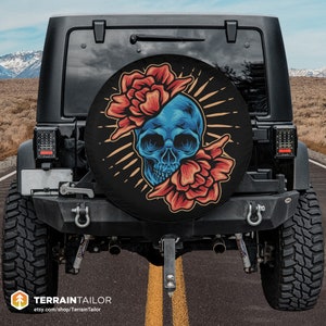 Skull, Flowers & Starburst Design Spare Tire Cover fits Jeeps, Broncos, SUVs, Campers, RVs | Free US Shipping | No Backup Camera Option