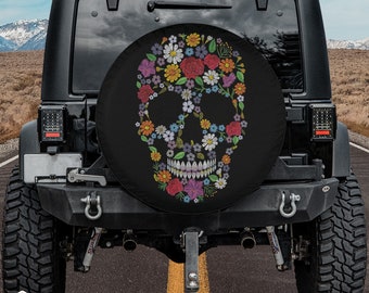 Floral Artistry Floral Skull Tire Cover fits Jeeps, Broncos, SUVs, Campers, RVs | Free US Shipping | No Backup Camera Option