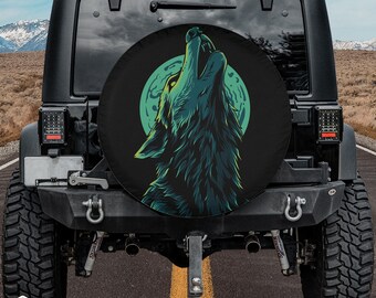 Wolf Howling at the Moon Spare Tire Cover fits Jeeps, Broncos, SUVs | Halloween Decor | No Backup Camera Option | Free Shipping