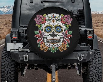 Dia de Retro Tire Cover Featuring Retro Sugar Skull Design fits Jeeps, Broncos, SUVs, Campers | Free US Shipping | No Backup Camera Option