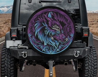 Lunar Howl: Vivid Wolf Illustration Tire Cover fits Jeeps, Broncos, SUVs, Campers, RVs | Free US Shipping | No Backup Camera Option